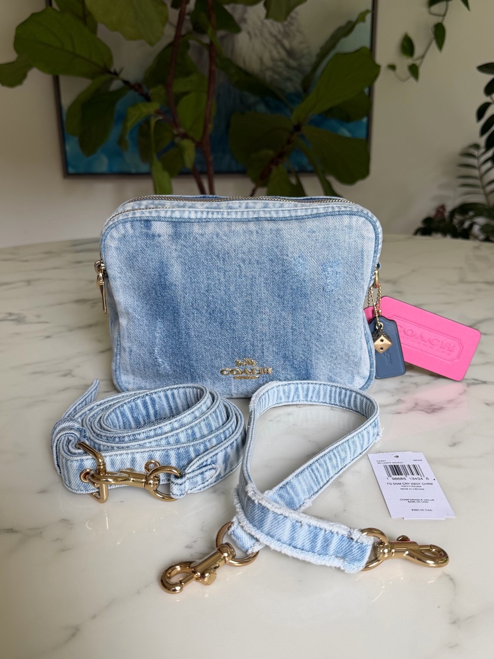 Coach Carey Crossbody Bag In Loved Denim With Charms Light Indigo CEK67